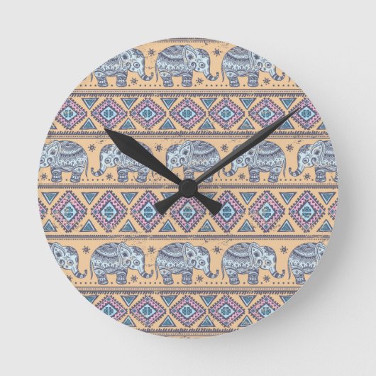 Blauw Elephant Tribal Patroon Ronde Klok (Voorkant)