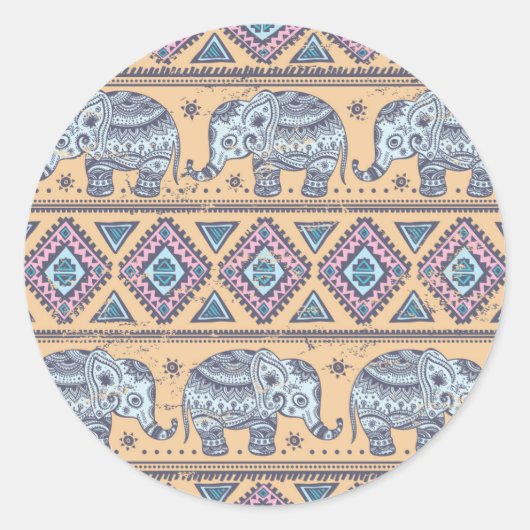 Blauw Elephant Tribal Patroon Ronde Sticker (Voorkant)