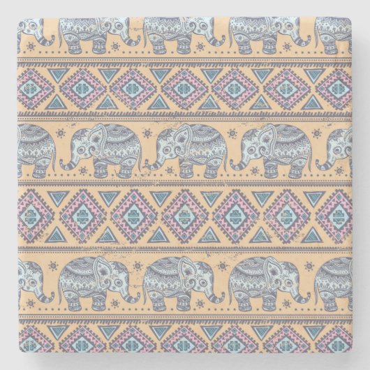 Blauw Elephant Tribal Patroon Stenen Onderzetter (Voorkant)