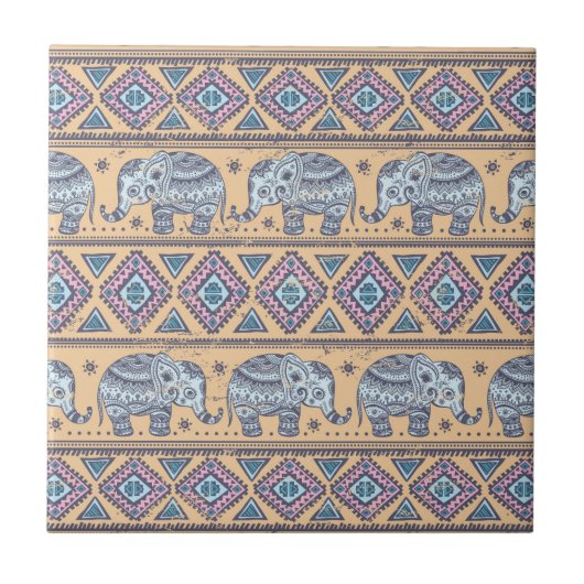 Blauw Elephant Tribal Patroon Tegeltje (Voorkant)