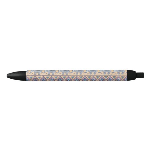 Blauw Elephant Tribal Patroon Zwarte Inkt Pen (Voorkant)