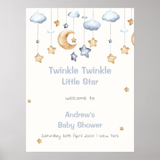 Blauw Ellegant Twinkel Twinkel Baby Shower Welkom Poster (Voorkant)