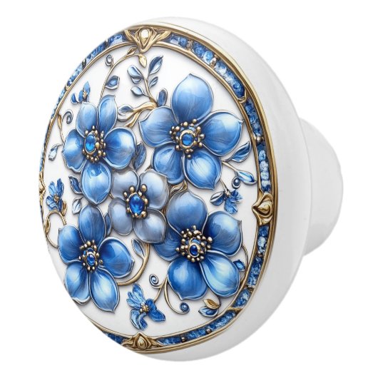 Blauw Emaille Bloemen Gouden Wijnstokken & Saffier Keramische Knop (Rechts)