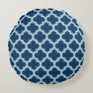 Blauw en Baby Blauw Trellis, Lattice, Quatrefoil Rond Kussen