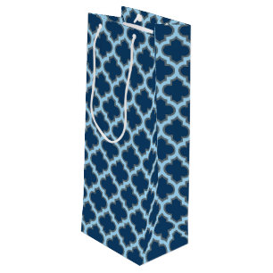 Blauw en Baby Blauw Trellis, Lattice, Quatrefoil Wijn Cadeautas