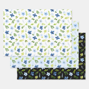 Blauw en babyblauwe bloemen met bladpatroon inpakpapier vel