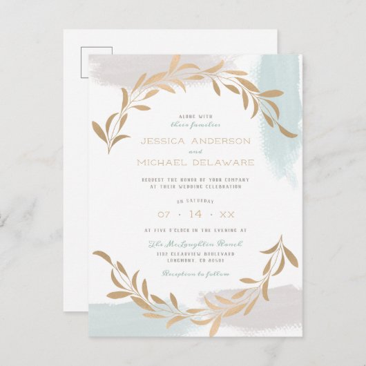 Blauw en beige Aquarelle geborsteld botanisch huwe Uitnodiging Briefkaart (Voorkant / Achterkant)