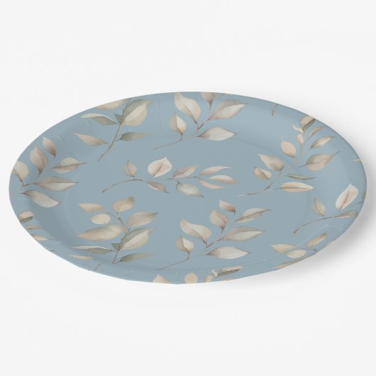 blauw en beige bladeren papieren bordje (Gekanteld)