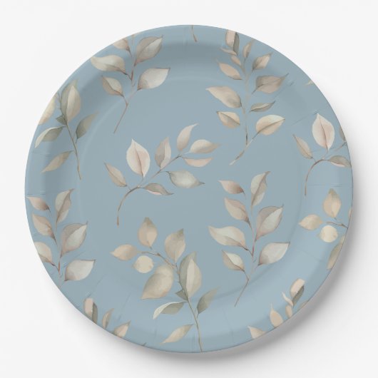  blauw en beige bladeren papieren bordje (Voorkant)