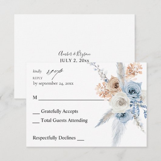 Blauw en beige Boho Floral no Meal RSVP 2 (Voorkant / Achterkant)
