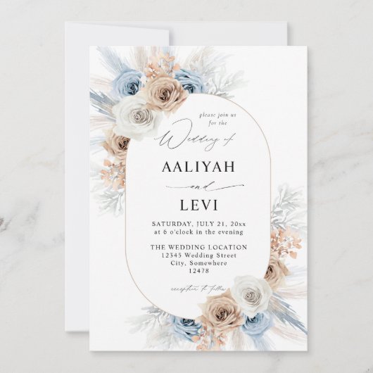 Blauw en beige Boho Floral Wedding 2 Kaart (Voorkant)