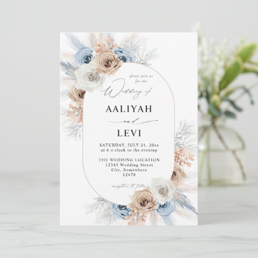 Blauw en beige Boho Floral Wedding 2 Kaart (Staand voorkant)