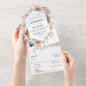 Blauw en beige Boho Floral Wedding All In One Uitnodiging (Afscheurbaar)