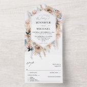 Blauw en beige Boho Floral Wedding All In One Uitnodiging (Binnen)