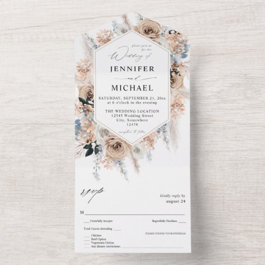 Blauw en beige Boho Floral Wedding All In One Uitnodiging (Binnen)