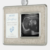 Blauw- en beige canvas nieuwe babyUltrasound foto Verzilverd Omlijst Ornament (Links)