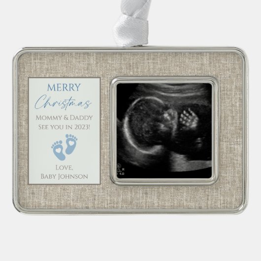 Blauw- en beige canvas nieuwe babyUltrasound foto Verzilverd Omlijst Ornament (Voorkant)