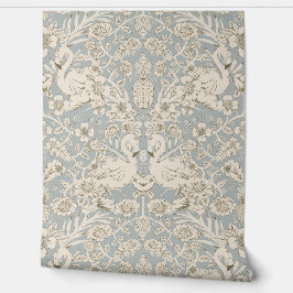 Blauw en Beige Flamingo Bloemen Damast Wallpaper Behang