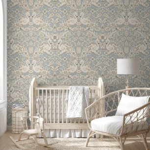 Blauw en Beige Flamingo Bloemen Damast Wallpaper Behang