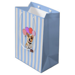 Blauw en beige gestreepte Corgi-verjaardagsfeestje Medium Cadeauzakje