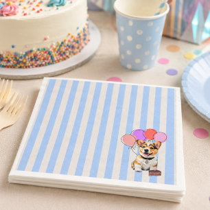 Blauw en beige gestreepte Corgi-verjaardagsfeestje Servet