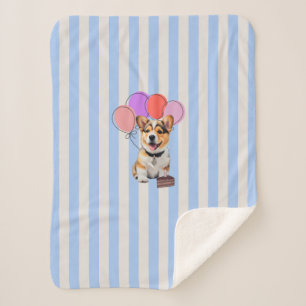 Blauw en beige gestreepte Corgi-verjaardagsfeestje Sherpa Deken