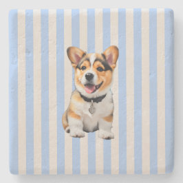 Blauw En Beige Gestreepte Speelse Corgi Hondenlief Stenen Onderzetter