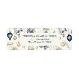 Blauw en beige Kerst Ornamenten Patroon Etiket