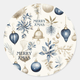 Blauw en beige Kerst Ornamenten Patroon Ronde Sticker