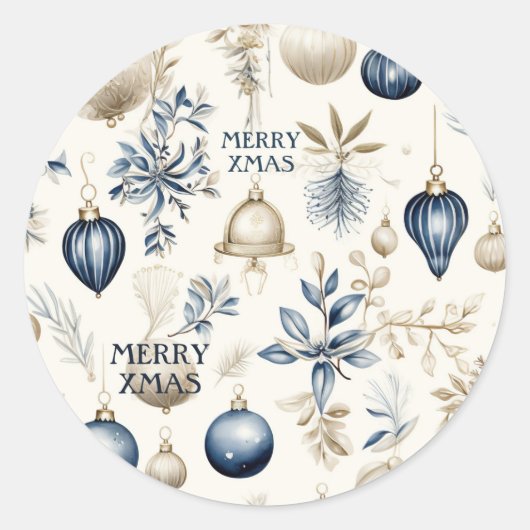 Blauw en beige Kerst Ornamenten Patroon Ronde Sticker (Voorkant)