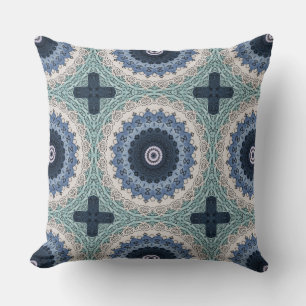 Blauw en beige Mandala Kaleidoscoop Medaillon Kussen