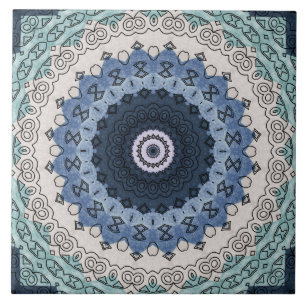 Blauw en beige Mandala Kaleidoscoop Medaillon Tegeltje