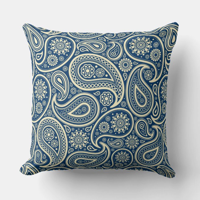 Blauw en beige  paisley patroon kussen (Voorkant)