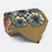 Blauw en Beige Retro Bloemen Ontwerp Stropdas (Opgerold)