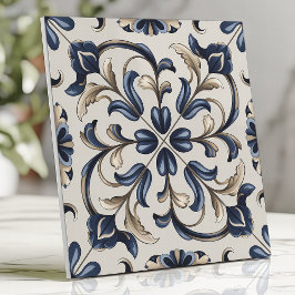 Blauw en beige vintage bloemenscrollen tegeltje