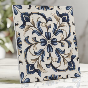Blauw en beige vintage bloemenscrollen tegeltje