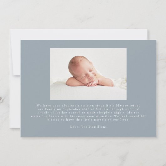 Blauw en beige vuurhuis Linen Stripes 2 Foto geboo Aankondiging (Achterkant)