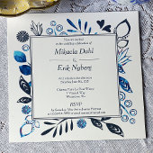 Blauw en Blauw Grijs Bladeren Bloemen Grens Bruilo Kaart