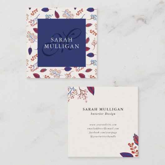 Blauw- en blauwachtig lederpatroon - Monogram Vierkante Visitekaartje (Voorkant / Achterkant)