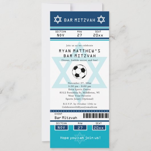Blauw en Blauwgroen Bar Mitswa Voetbal Uitnodiging (Voorkant)
