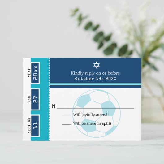 Blauw en Blauwgroen Bar Mitswa Voetbalticket RSVP (Staand voorkant)