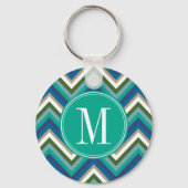 Blauw en Blauwgroen Chevron Patroon met Monogram Sleutelhanger (Voorkant)