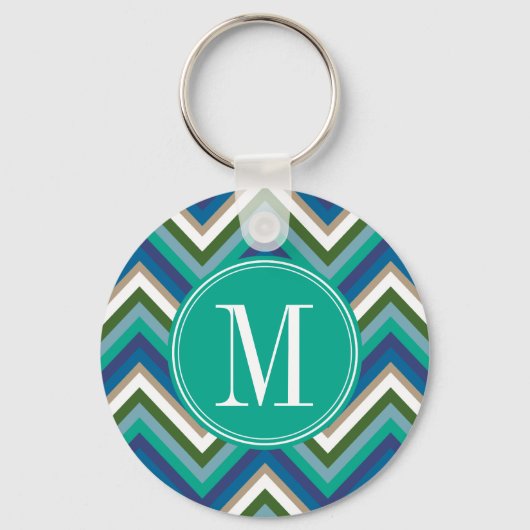 Blauw en Blauwgroen Chevron Patroon met Monogram Sleutelhanger (Voorkant)