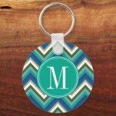 Blauw en Blauwgroen Chevron Patroon met Monogram Sleutelhanger (Voorkant)