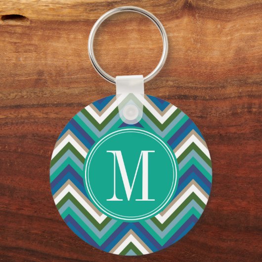 Blauw en Blauwgroen Chevron Patroon met Monogram Sleutelhanger (Voorkant)