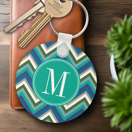 Blauw en Blauwgroen Chevron Patroon met Monogram Sleutelhanger