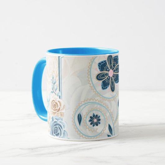 Blauw en Blauwgroen Floral Graphic, "Het leven rev Mok (Voorkant links)