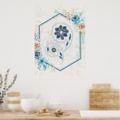 Blauw en Blauwgroen Floral Graphic, "Het leven rev Poster (Keuken)