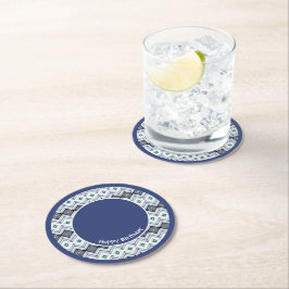 Blauw en Blauwgroen Happy Birthday Paper Onderzett Ronde Kartonnen Onderzetter