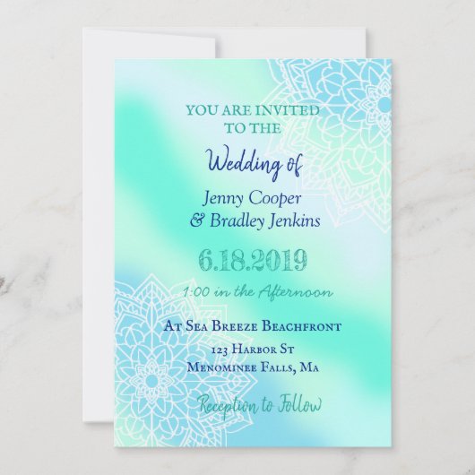 Blauw en Blauwgroen Mandala betoverde bruiloft Kaart (Voorkant)